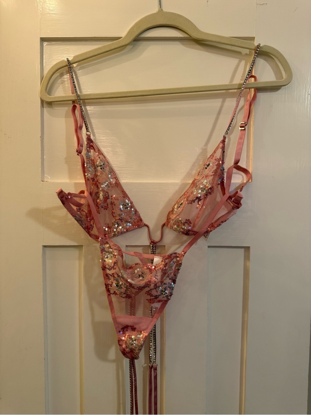 Sheer Pink Sequin Lace Lingerie two piece never worn